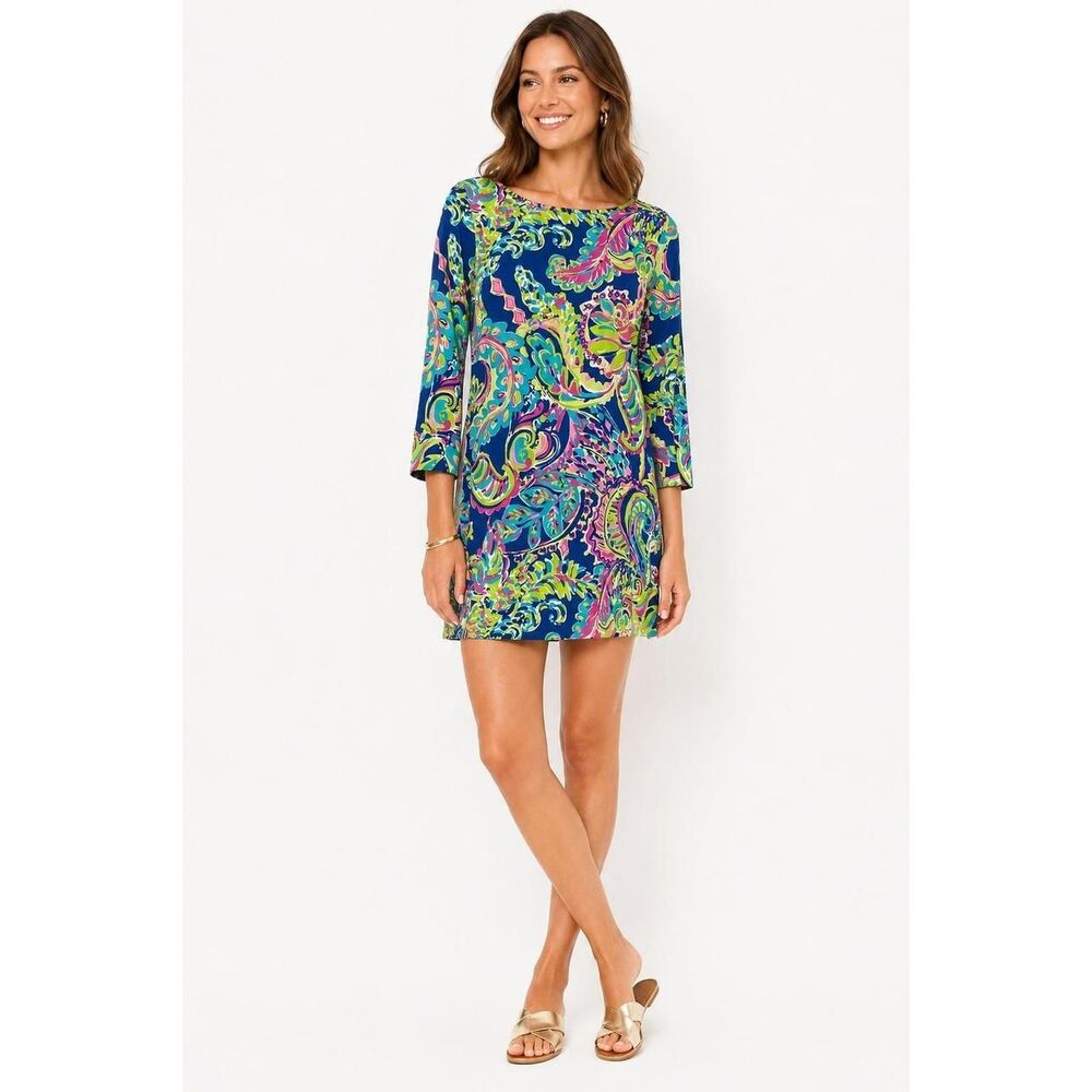 Lilly Pulitzer Hollee Blue Pink Paisley 3/4 Sleeve Pima Cotton Dress XXS